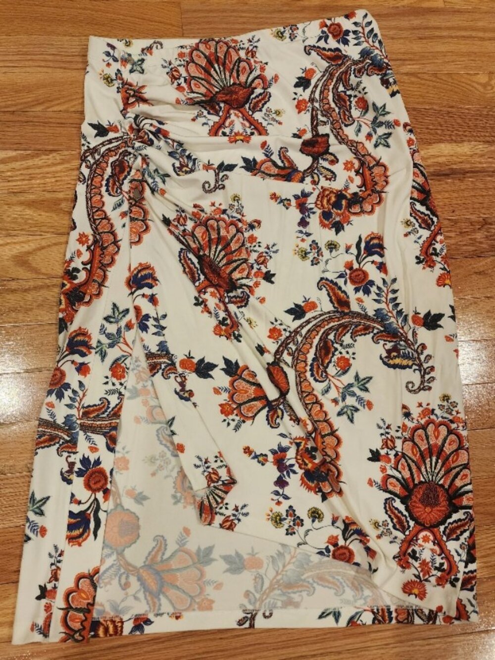 Paco Rabanne Womens Ruched Midi Skirt White Paisley Floral Asymmetric - 44 - Picture 2 of 4